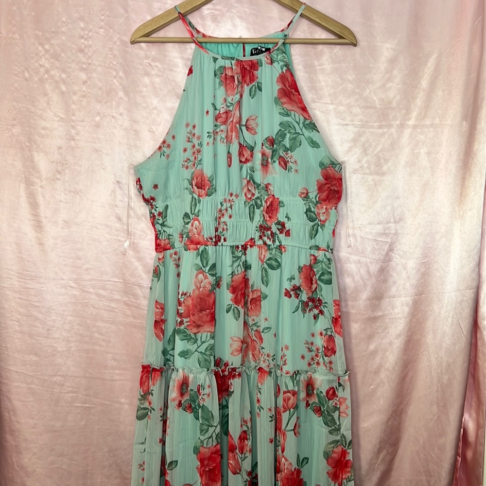 Long Teal Dress With Pink Floral Pattern
